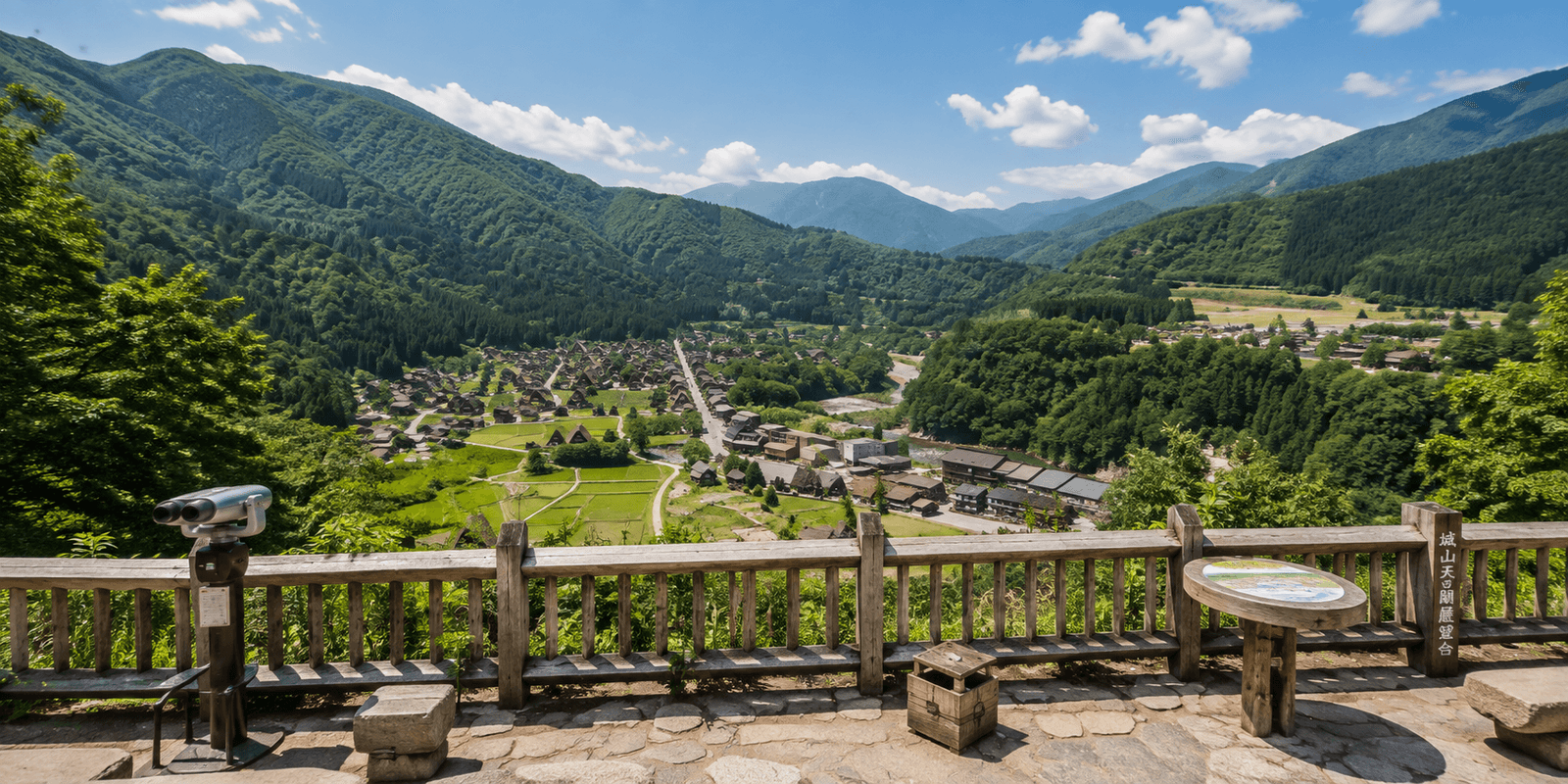 Elevated observation deck railing at Shiroyama Viewpoint with a panoramic view of Ogimachi's thatched-roof village and valley below